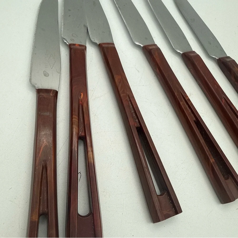 6 VTG Stanley Deluxe Stanhome Steak Knives Catalina Lucite Cut Out Handle MCM